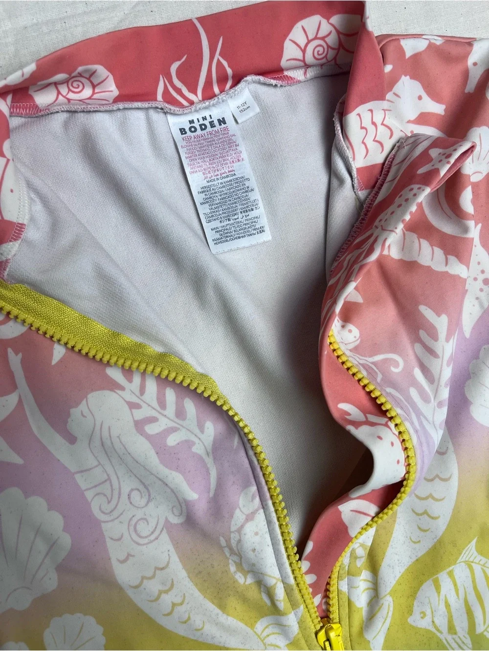 Mini Boden Girls' Mermaid Zip Swim Jacket - Coral, Yellow, White